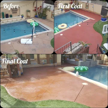 Clean coated concrete pool surround and backyard surface