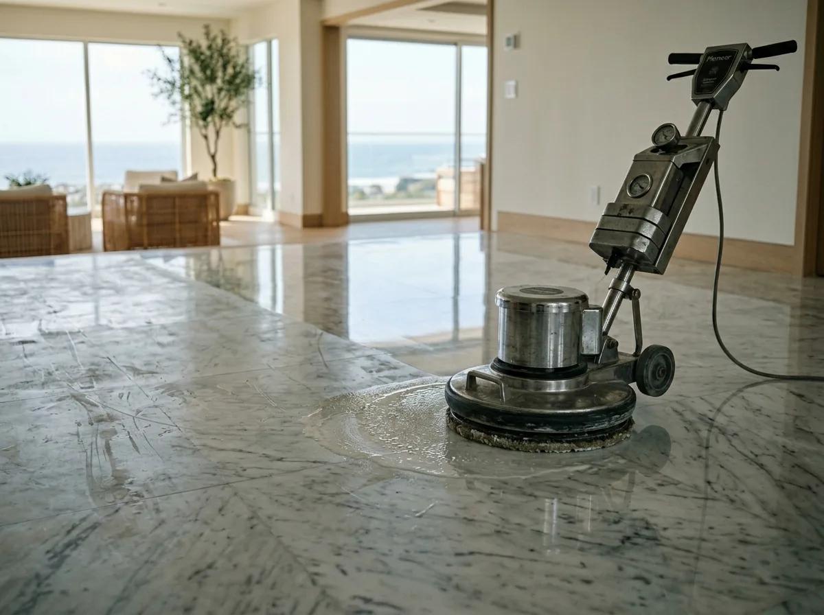 Professional marble floor polishing equipment on a restored stone floor