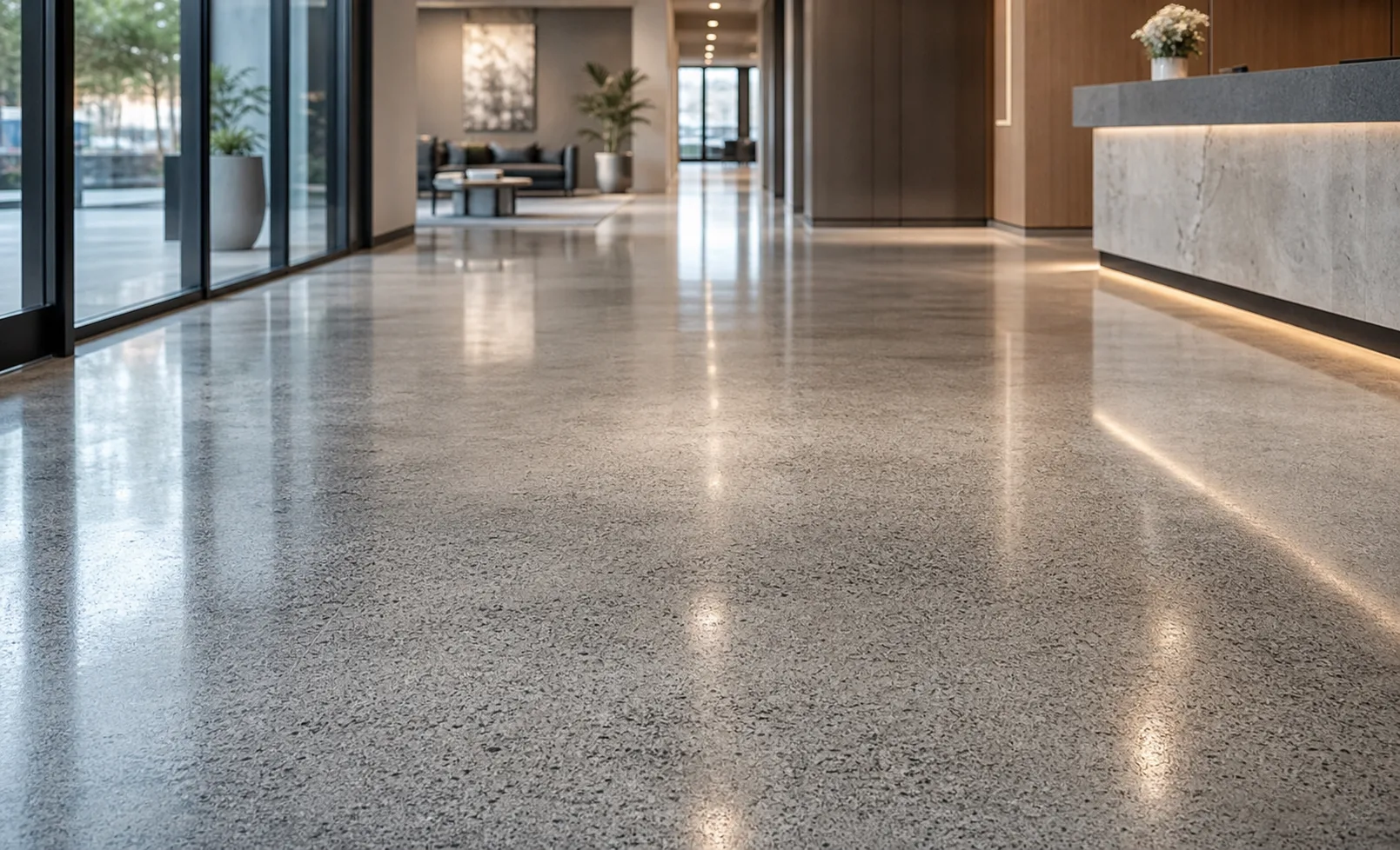 Polished commercial lobby floor maintained for an Orange County business