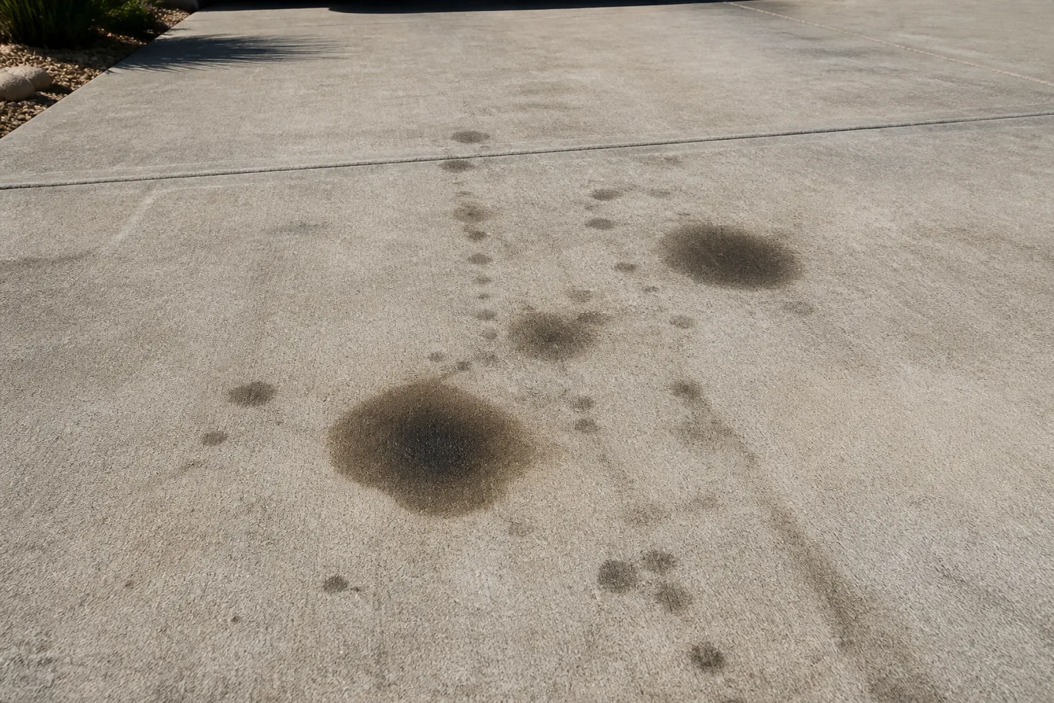 Illustrative concrete driveway with several embedded oil spots and drip marks